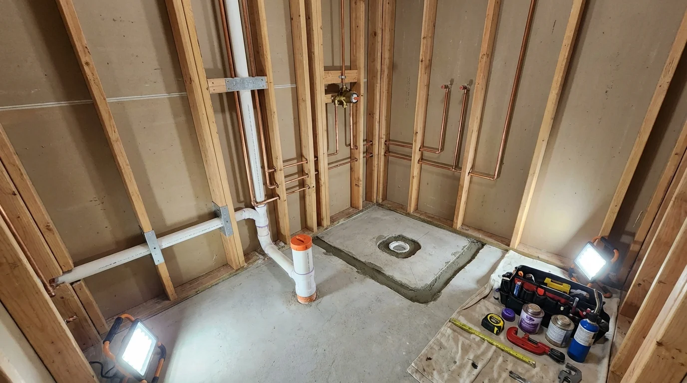 Bathroom rough-in plumbing during remodel by Johns Plumbing LLC in Sneads Ferry