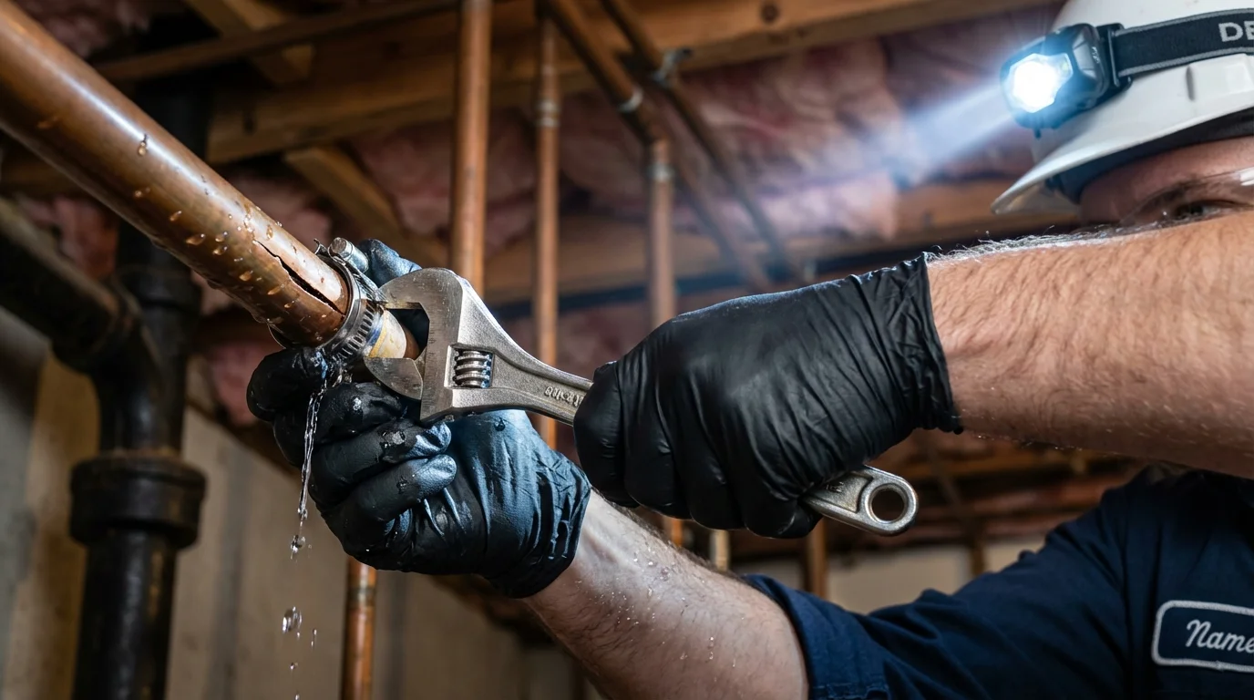 Emergency pipe clamp repair being performed by a Johns Plumbing LLC plumber in Sneads Ferry
