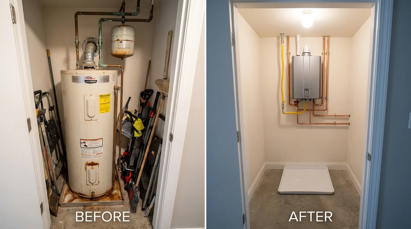 Tank water heater versus wall-mounted tankless unit comparison for Sneads Ferry, NC homeowners