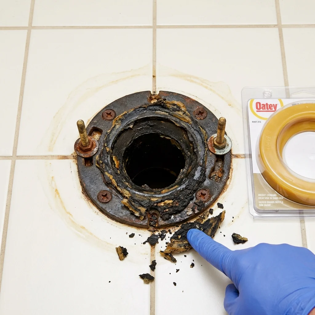 Failed wax ring showing water seepage at the base of a toilet in a Sneads Ferry, NC home